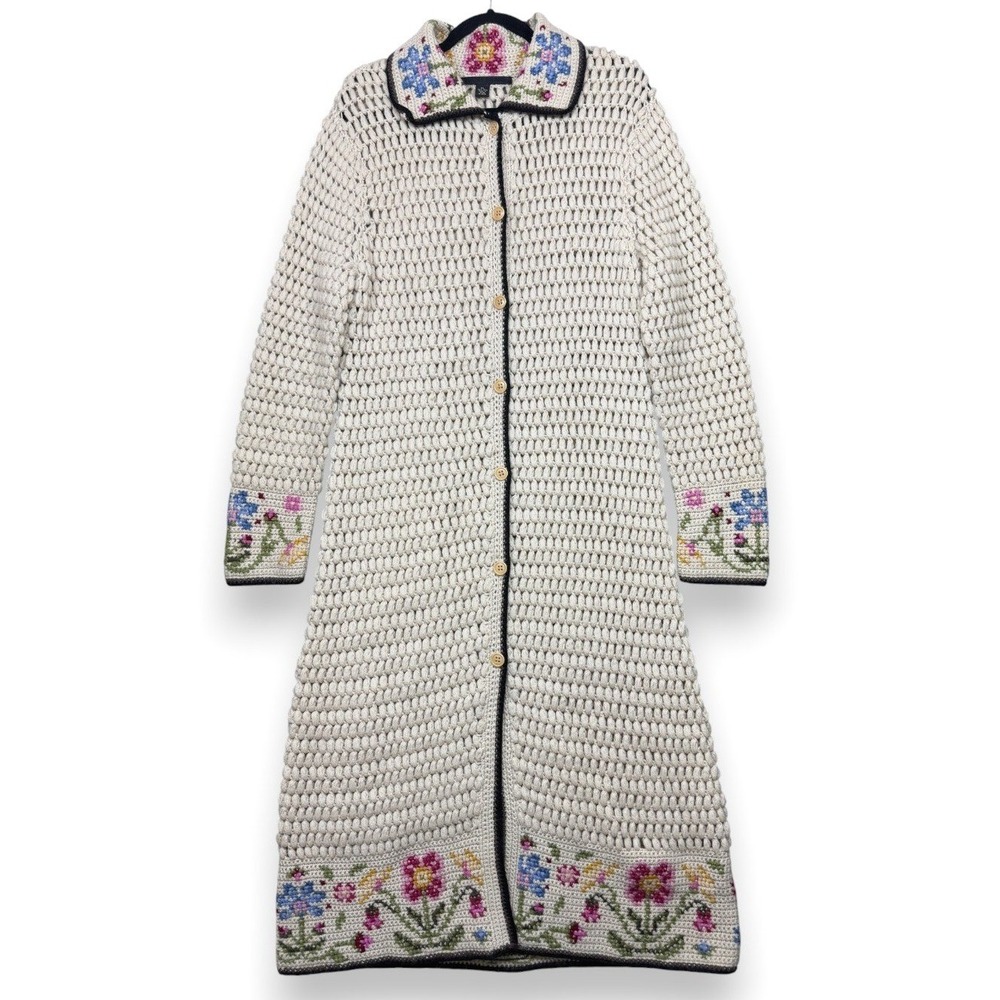 Lucky Brand VTG Wool Crochet Knit Long Cardigan Sweater Coat Duster‎ Womens XL